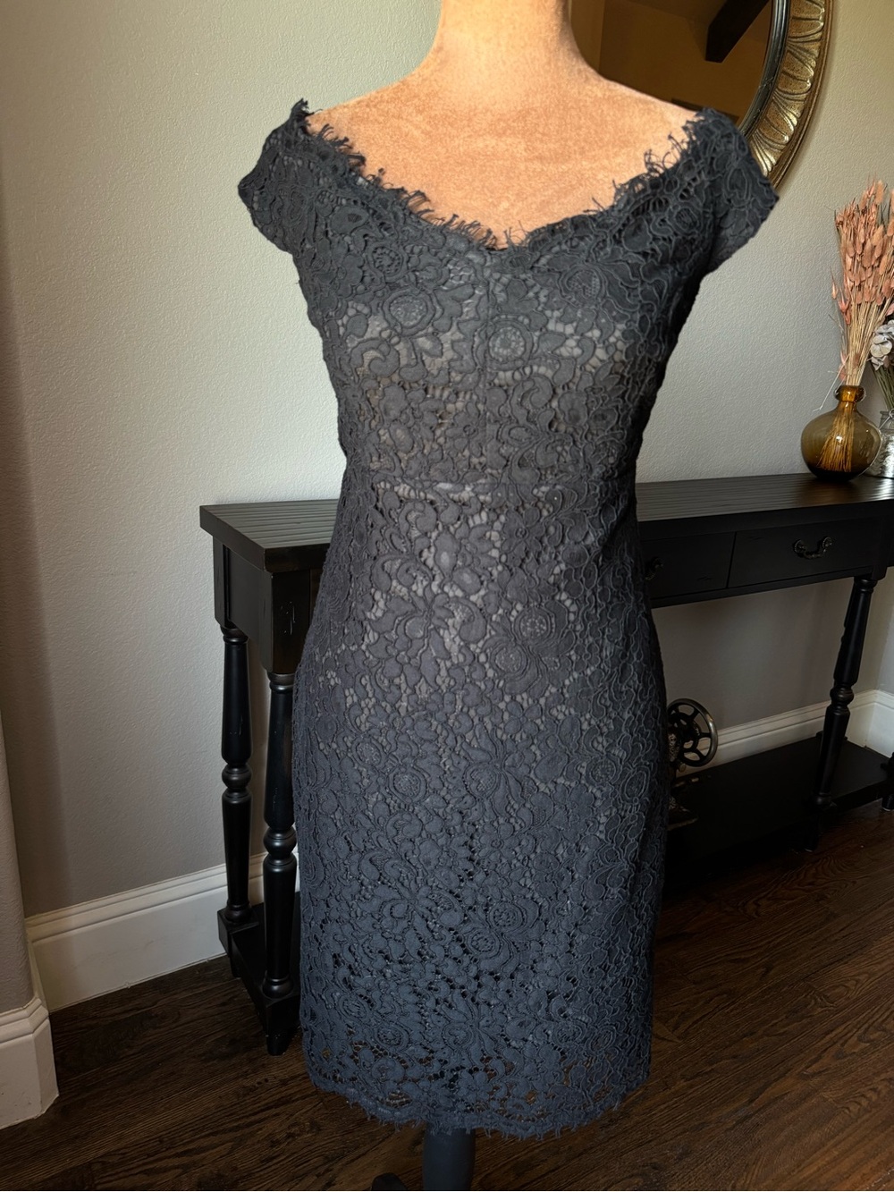 Bardot Tara Black Off the Shoulder Lace Midi Sheath Dress LBD Size 6 Small